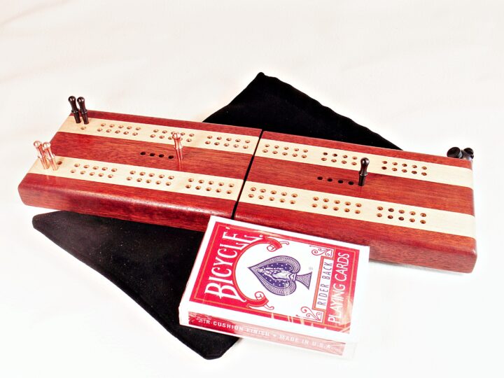 Bloodwood and Maple Compact Travel Cribbage Board open and ready for play
