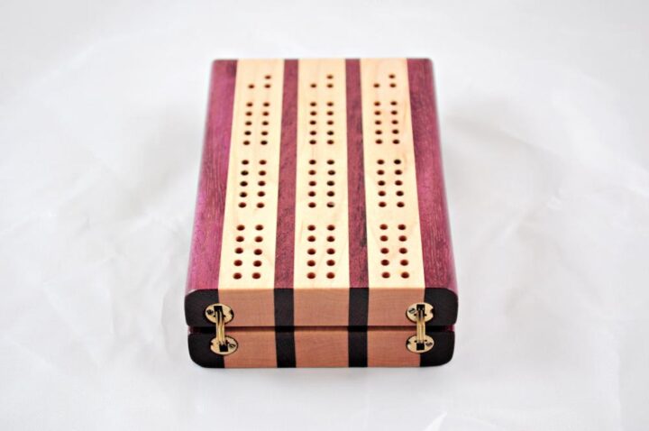Compact Travel Cribbage 3 Player - Purpleheart & Maple - Hinges