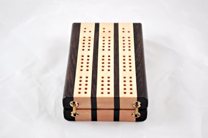 Compact Travel Cribbage 3 Player - Wenge & Maple - Hinges