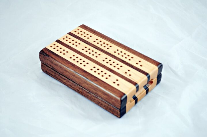 Compact Travel Cribbage 3 Player - Black Walnut & Maple - Closed