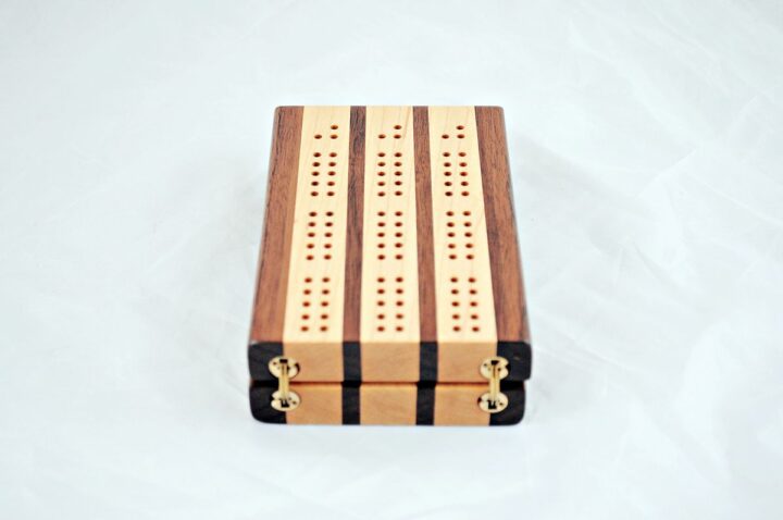 Compact Travel Cribbage 3 Player - Black Walnut & Maple - Hinges