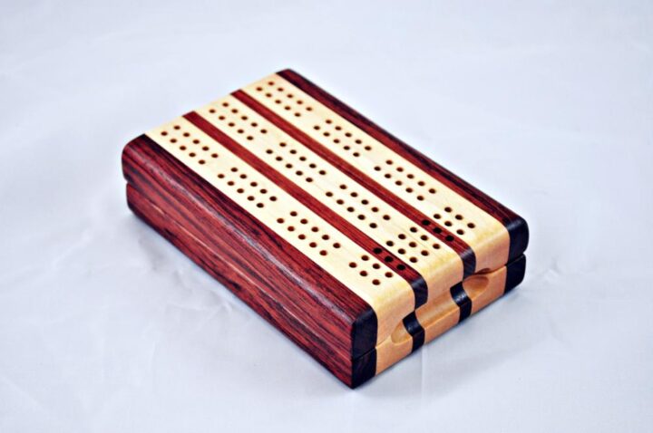Bubinga and Maple 3 Player Travel Cribbage Board. closed and ready to travel!