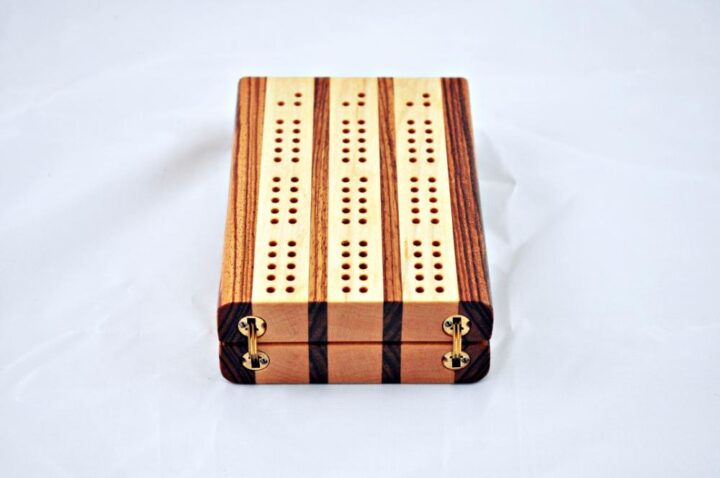 Compact Travel Cribbage 3 Player - Zebrawood & Maple - Hinges