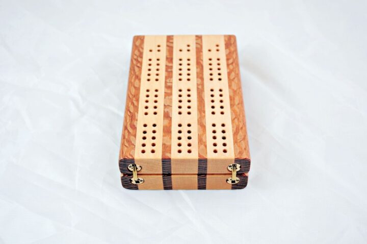 Compact Travel Cribbage 3 Player - Lacewood & Maple - Hinges