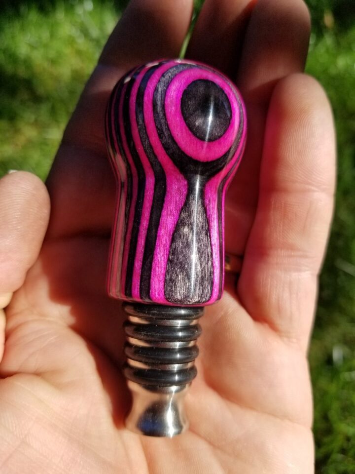 Bottle Stopper - SpectraPly Pink Lady with Stainless Steel Hand
