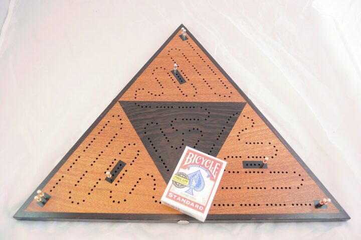 Triangle 3 Player Cribbage Race Board - Khaya & Wenge with Ebony Inlays High