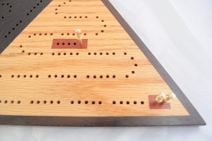 ICB-0041 Triangle Cribbage Board Red Oak & Wenge with Padauk Detail