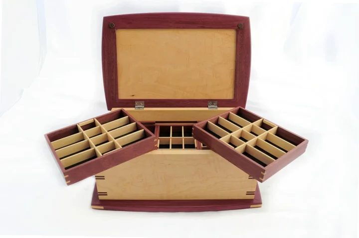 Trillium Jewelry Box | Curly Soft Maple & Purpleheart Top Trays