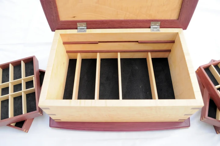 Trillium Jewelry Box | Curly Soft Maple & Purpleheart Bottom Dividers